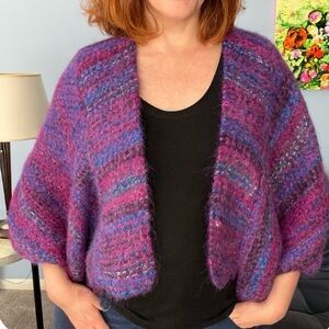 Jeanne Scannell Hand-Knit Women's Purple Blue and Magenta Cocoon Shrug